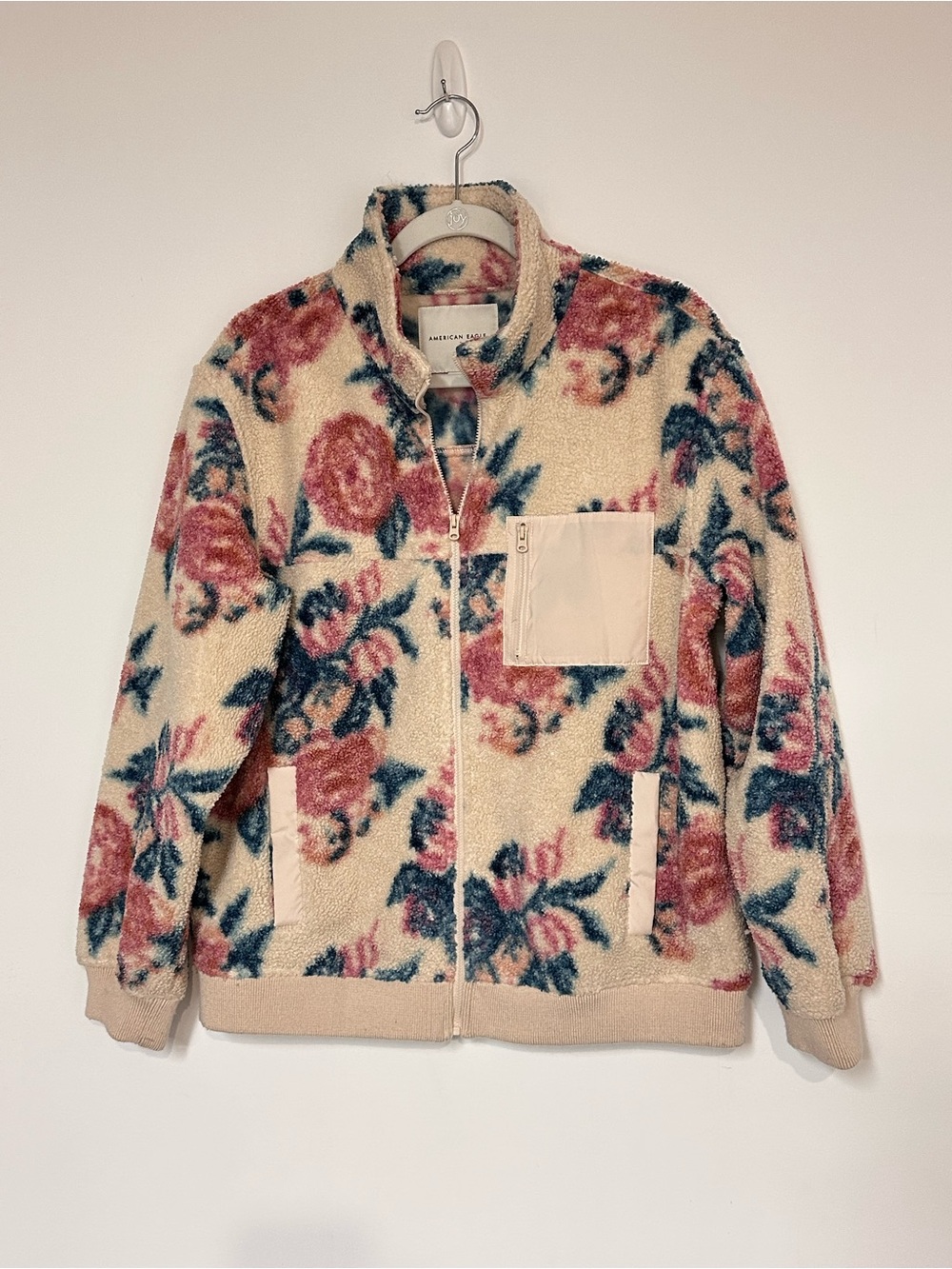 American Eagle Floral Sherpa Fleece Zip Jacket Medium Cozy Teddy Coat Oversized - Picture 2 of 6